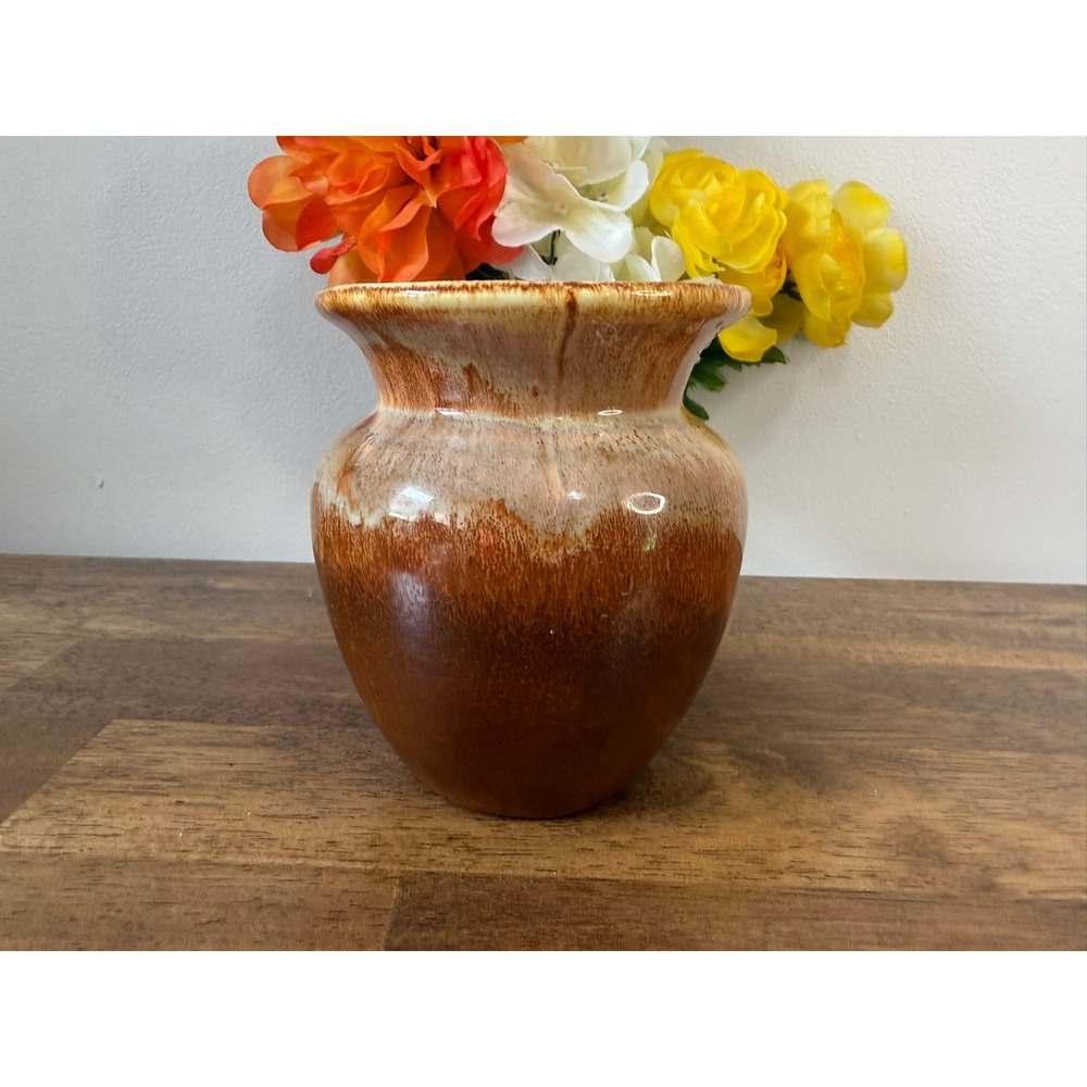 Vintage Royal Haeger USA Pottery Vase Brown Cream Drip Glaze Mid Century